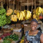 Dessert bananas on display at a fruit and vegetable market in Nairobi, Kenya.