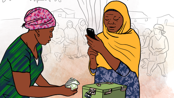 (cartoon) women with money, money box and phone